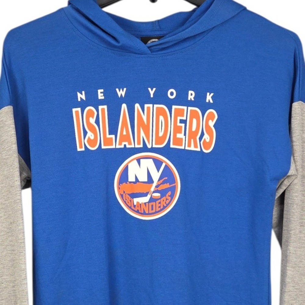 New York Islanders Hooded Shirt YOUTH Girl Large 10/12 Blue Gray Long Sleeve NWT